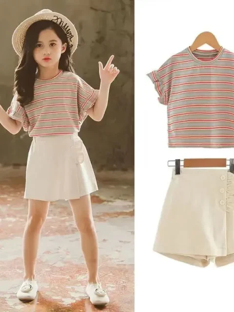 Teenage Kids Girls Clothing Sets Summer Casual Short Sleeve T-shirts Pants 2PCS Fashion Children Clothes Suits 8 10 12 14 Year